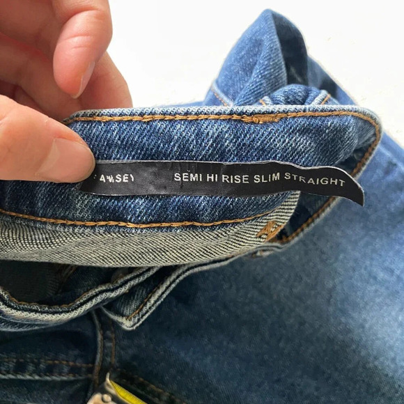 BUFFALO David Bitton Semi High Rise Slim Straight Dark Wash Distressed Hem Jeans - Picture 12 of 13